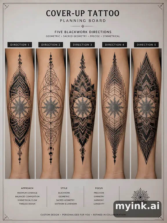Cover-up tattoo planning board showing five blackwork directions — Geometric Tattoo Design reference image