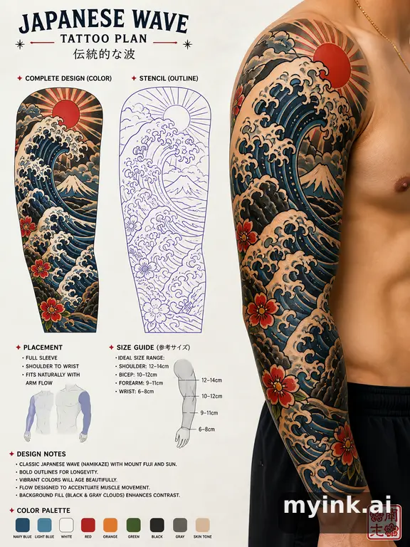 Consultation-ready Japanese wave tattoo plan with stencil and placement notes — Traditional Tattoo Design reference image