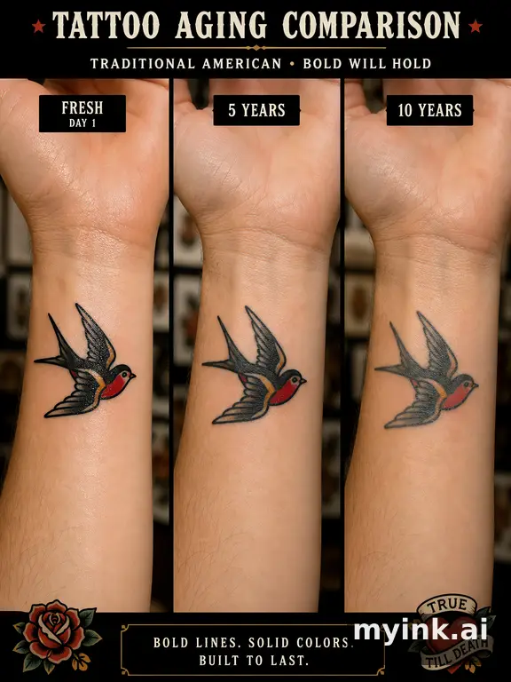 Tattoo aging comparison for a minimalist wrist design over ten years — Traditional Tattoo Design reference image