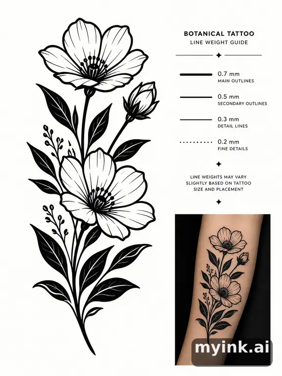 Clean stencil-ready botanical tattoo with line weight annotations — Blackwork Tattoo Design reference image
