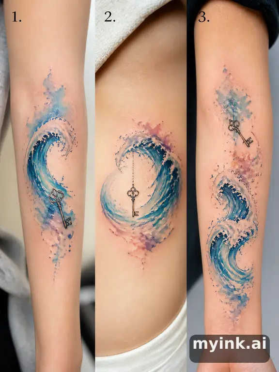 Three symbolic memorial tattoo routes based on ocean waves and a small key — Watercolor Tattoo Design reference image