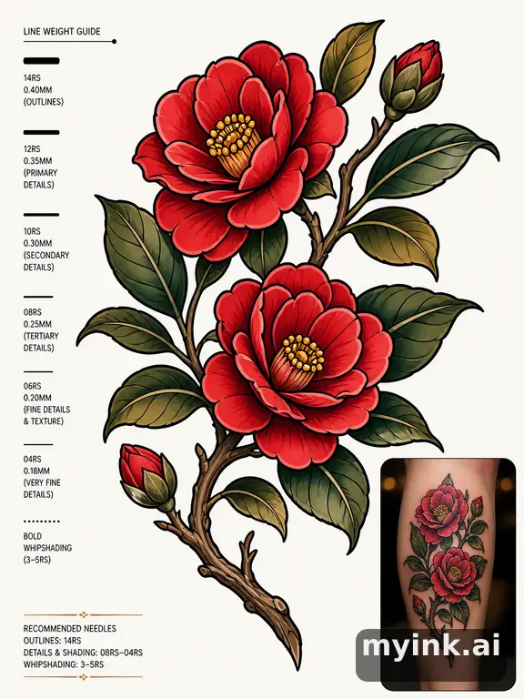 Clean stencil-ready botanical tattoo with line weight annotations — Neotraditional Tattoo Design reference image
