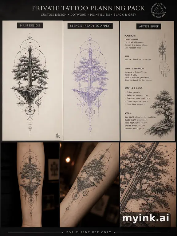 Private tattoo planning pack layout with main design — Dotwork Tattoo Design reference image