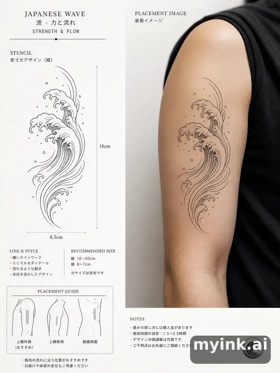 Consultation-ready Japanese wave tattoo plan with stencil and placement notes — Minimalist Tattoo Design reference image