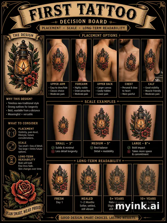 First tattoo decision board comparing placement — Neotraditional Tattoo Design reference image