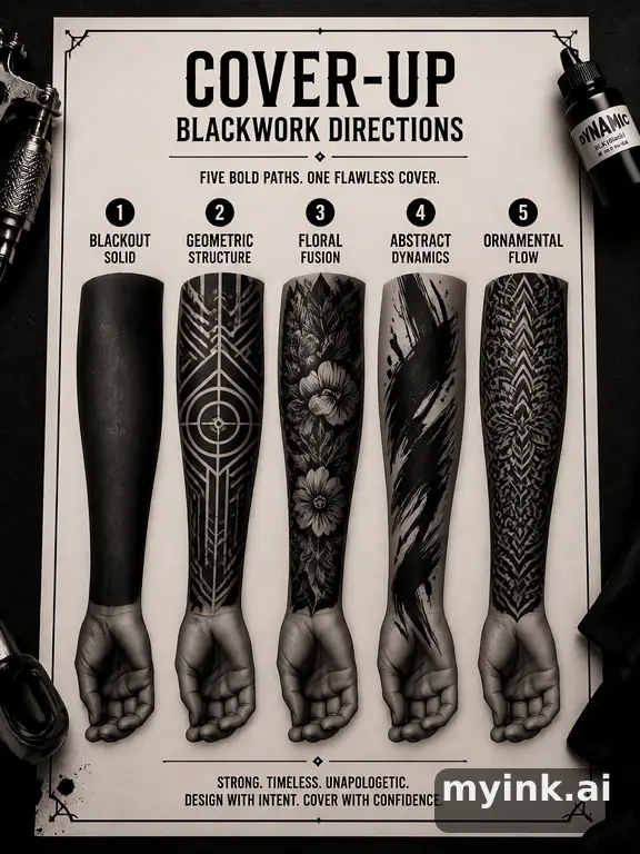 Cover-up tattoo planning board showing five blackwork directions — Blackwork Tattoo Design reference image