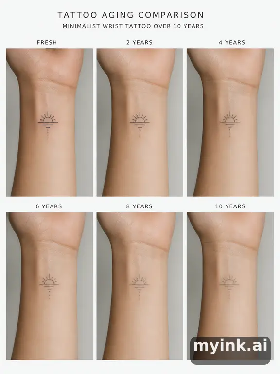 Tattoo aging comparison for a minimalist wrist design over ten years — Minimalist Tattoo Design reference image