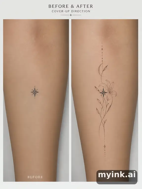 Before-and-after cover-up direction that absorbs an old small symbol — Minimalist Tattoo Design reference image