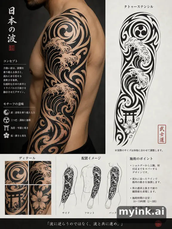 Consultation-ready Japanese wave tattoo plan with stencil and placement notes — Tribal Tattoo Design reference image