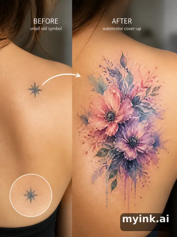 Before-and-after cover-up direction that absorbs an old small symbol — Watercolor Tattoo Design reference image