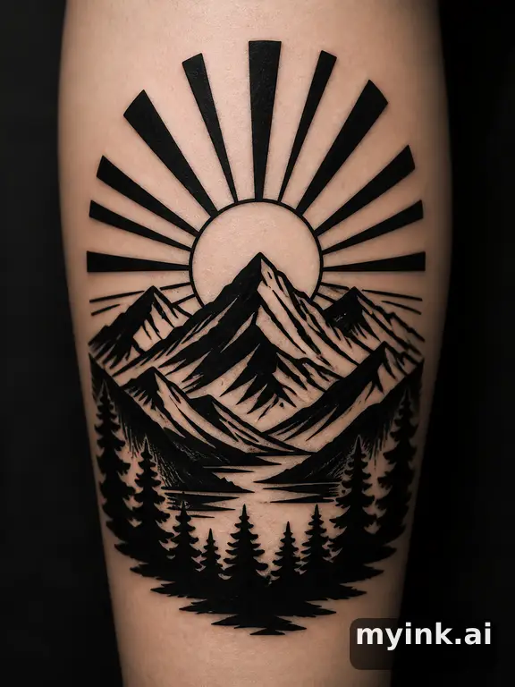 Sunrise over mountains — Blackwork Tattoo Design reference image