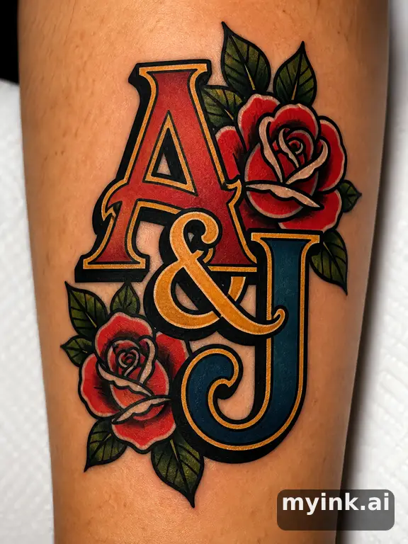 Initials 'A & J' intertwined — Traditional Tattoo Design reference image