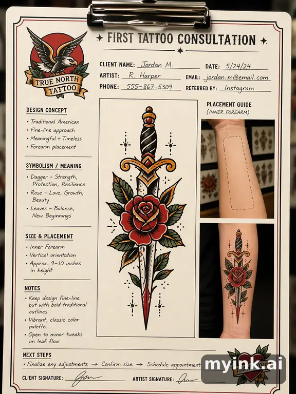 First tattoo consultation sheet with a fine-line forearm design and placement notes — Traditional Tattoo Design reference image