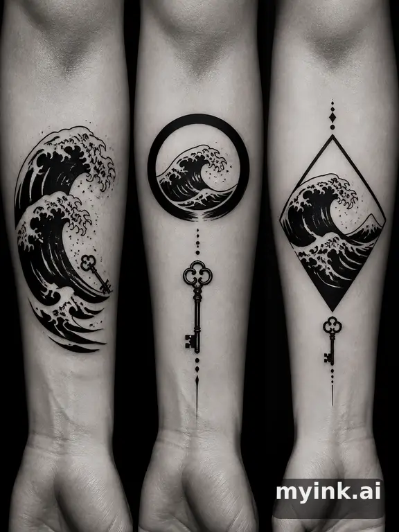 Three symbolic memorial tattoo routes based on ocean waves and a small key — Blackwork Tattoo Design reference image