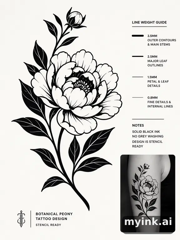 Clean stencil-ready botanical tattoo with line weight annotations — Blackwork Tattoo Design reference image