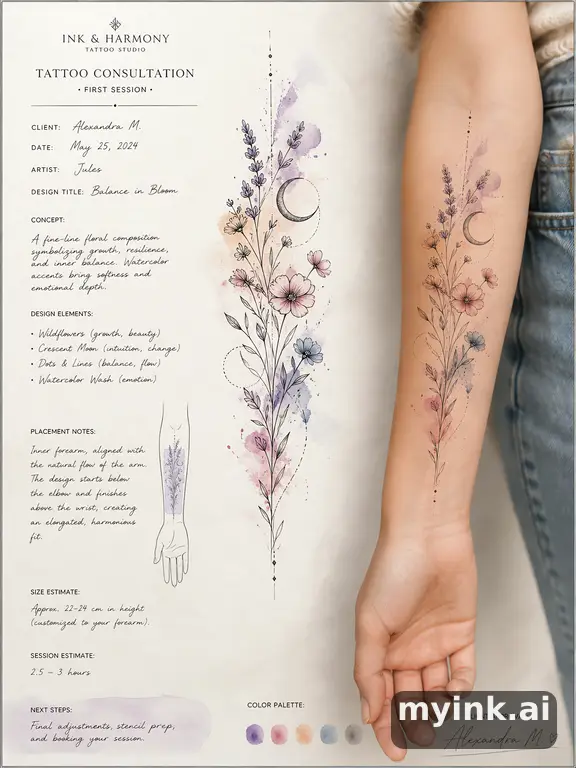First tattoo consultation sheet with a fine-line forearm design and placement notes — Watercolor Tattoo Design reference image