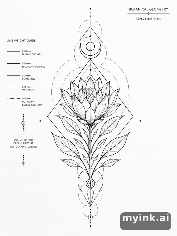 Clean stencil-ready botanical tattoo with line weight annotations — Geometric Tattoo Design reference image