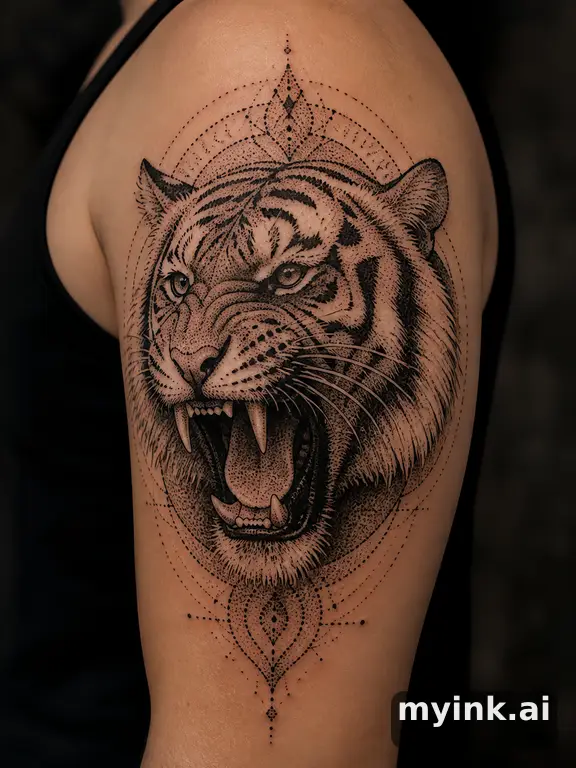 Roaring tiger — Dotwork Tattoo Design reference image