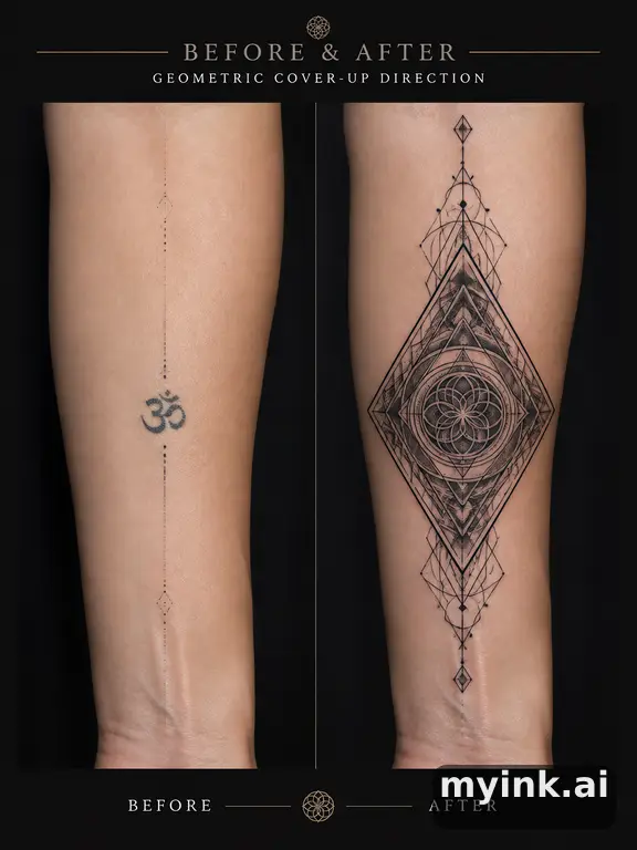 Before-and-after cover-up direction that absorbs an old small symbol — Geometric Tattoo Design reference image