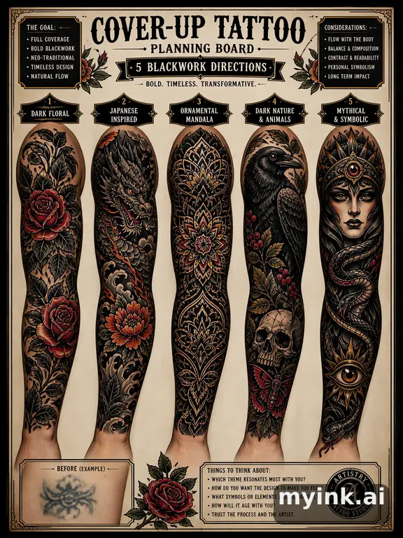 Cover-up tattoo planning board showing five blackwork directions — Neotraditional Tattoo Design reference image