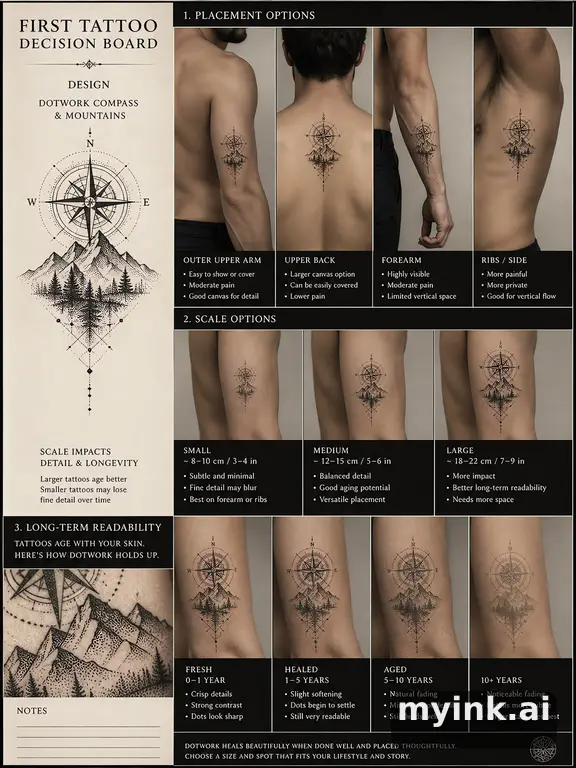 First tattoo decision board comparing placement — Dotwork Tattoo Design reference image