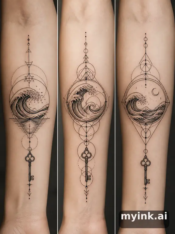 Three symbolic memorial tattoo routes based on ocean waves and a small key — Geometric Tattoo Design reference image