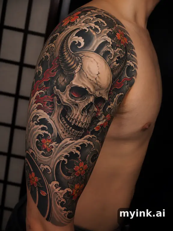 Skull with horns — Japanese Tattoo Design reference image