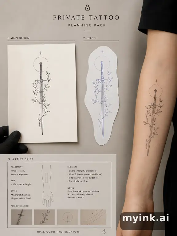 Private tattoo planning pack layout with main design — Minimalist Tattoo Design reference image