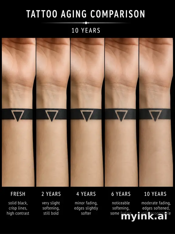 Tattoo aging comparison for a minimalist wrist design over ten years — Blackwork Tattoo Design reference image
