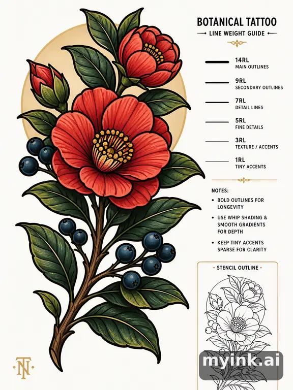 Clean stencil-ready botanical tattoo with line weight annotations — Neotraditional Tattoo Design reference image