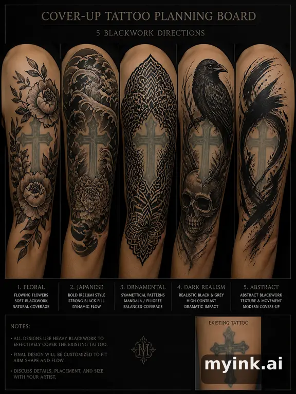 Cover-up tattoo planning board showing five blackwork directions — Realistic Tattoo Design reference image