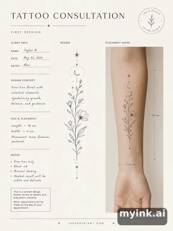 First tattoo consultation sheet with a fine-line forearm design and placement notes — Minimalist Tattoo Design reference image