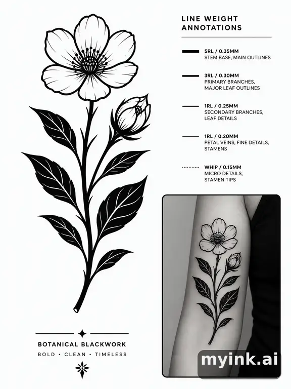 Clean stencil-ready botanical tattoo with line weight annotations — Blackwork Tattoo Design reference image