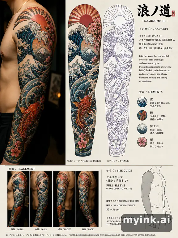 Consultation-ready Japanese wave tattoo plan with stencil and placement notes — Neotraditional Tattoo Design reference image