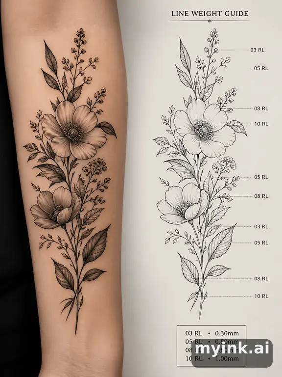 Clean stencil-ready botanical tattoo with line weight annotations — Realistic Tattoo Design reference image