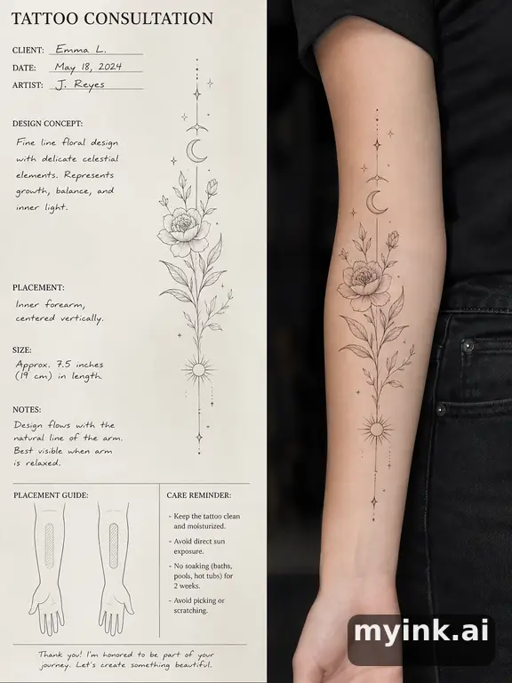First tattoo consultation sheet with a fine-line forearm design and placement notes — Realistic Tattoo Design reference image