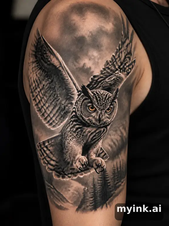 Owl with spread wings — Realistic Tattoo Design reference image