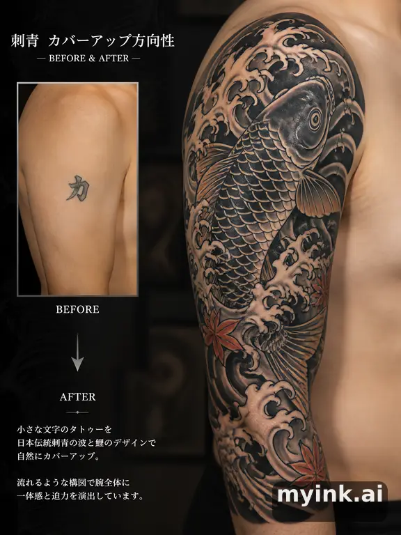 Before-and-after cover-up direction that absorbs an old small symbol — Japanese Tattoo Design reference image