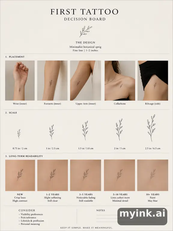 First tattoo decision board comparing placement — Minimalist Tattoo Design reference image