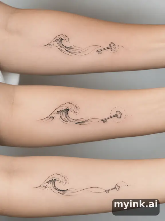 Three symbolic memorial tattoo routes based on ocean waves and a small key — Minimalist Tattoo Design reference image