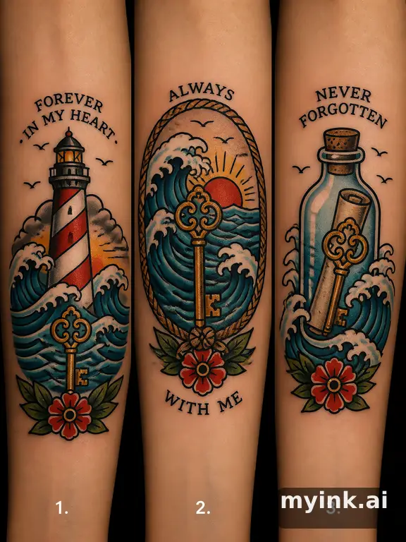 Three symbolic memorial tattoo routes based on ocean waves and a small key — Traditional Tattoo Design reference image