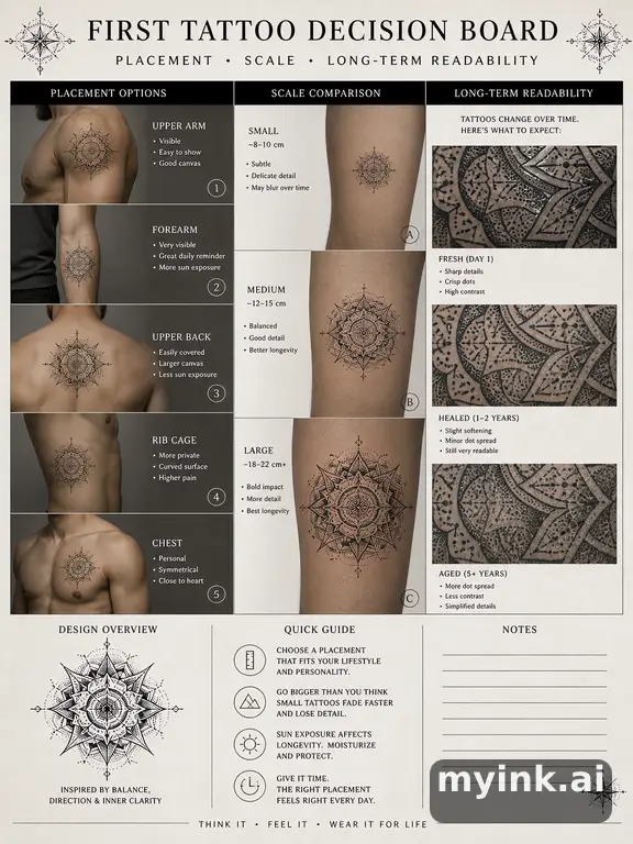 First tattoo decision board comparing placement — Dotwork Tattoo Design reference image