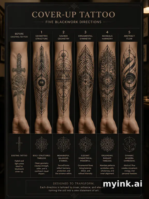 Cover-up tattoo planning board showing five blackwork directions — Geometric Tattoo Design reference image
