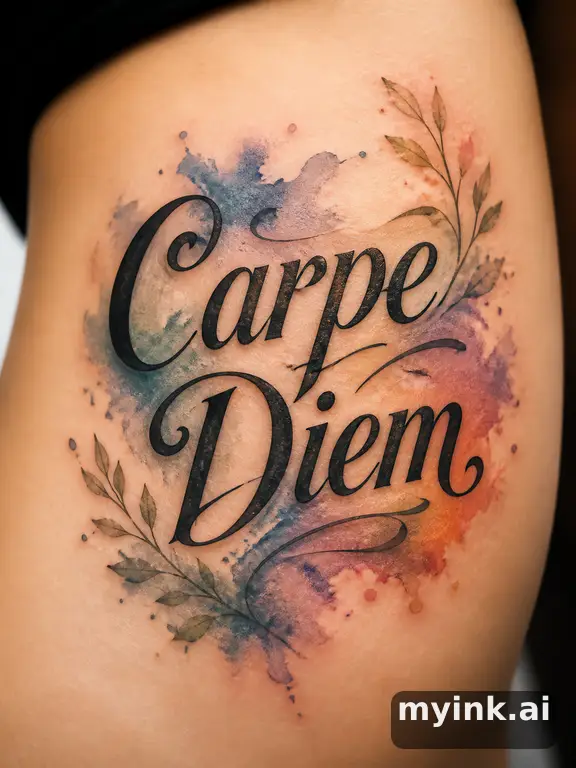 Phrase 'Carpe Diem' in vintage lettering — Watercolor Tattoo Design reference image