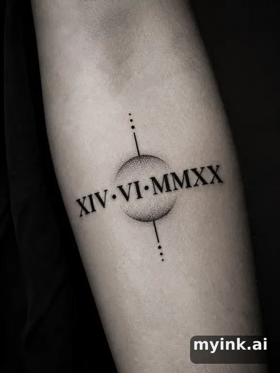 Meaningful date in roman numerals with subtle dotwork shading — Blackwork Tattoo Design reference image