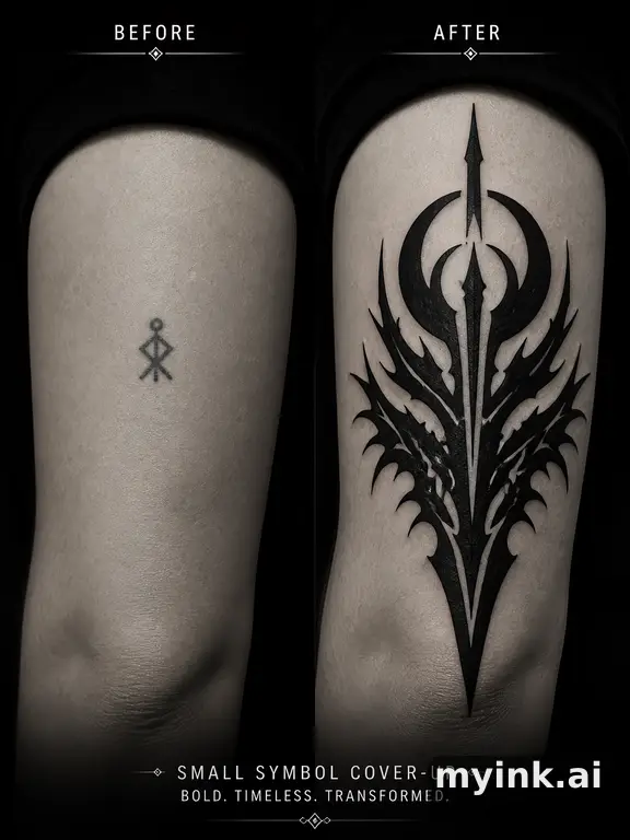 Before-and-after cover-up direction that absorbs an old small symbol — Blackwork Tattoo Design reference image