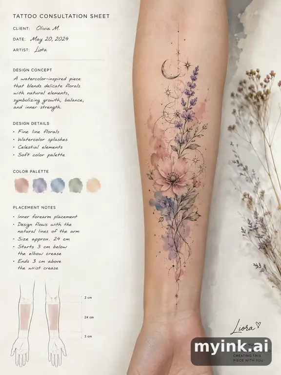First tattoo consultation sheet with a fine-line forearm design and placement notes — Watercolor Tattoo Design reference image