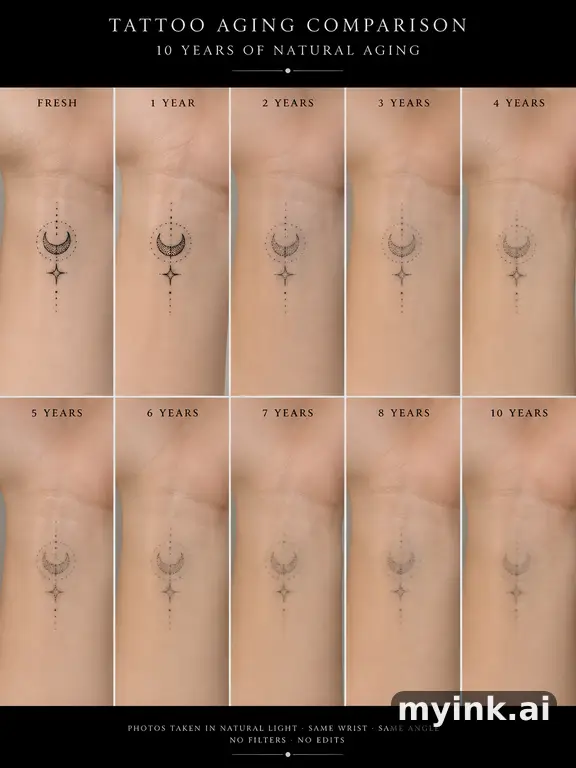 Tattoo aging comparison for a minimalist wrist design over ten years — Dotwork Tattoo Design reference image