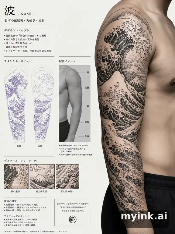 Consultation-ready Japanese wave tattoo plan with stencil and placement notes — Dotwork Tattoo Design reference image