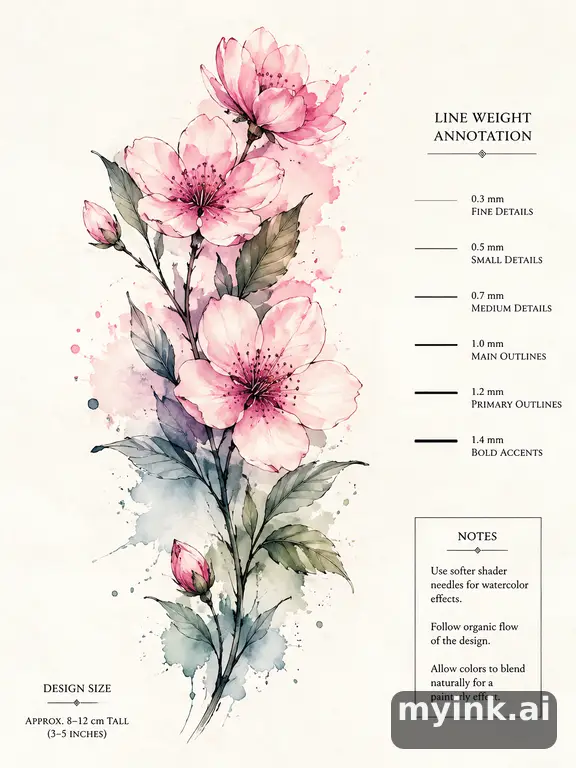 Clean stencil-ready botanical tattoo with line weight annotations — Watercolor Tattoo Design reference image